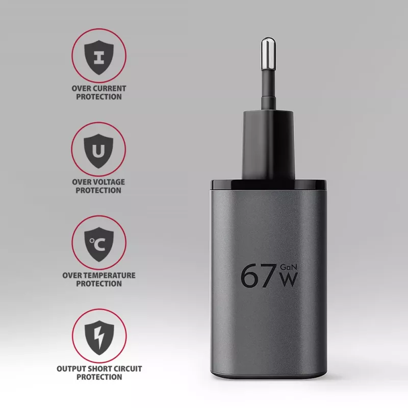 Nástenná nabíjačka AXAGON ACU-PQ67D, 67W, USB-C PD3.0 + USB-A QC4+, 2 výstupy, LCD displej, 100–240V