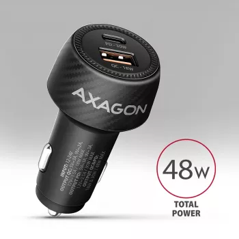 Auto nabíjačka AXAGON PWC-PQ48, 48 W, USB-C (PD3.0) + USB-A (QC4+), vstup 12–24 V, čierna
