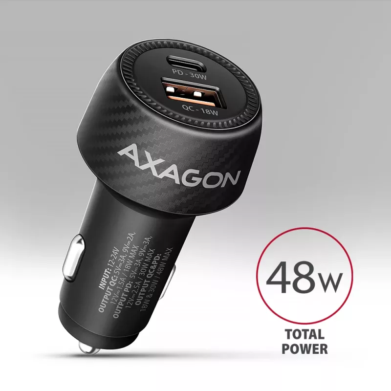Auto nabíjačka AXAGON PWC-PQ48, 48 W, USB-C (PD3.0) + USB-A (QC4+), vstup 12–24 V, čierna
