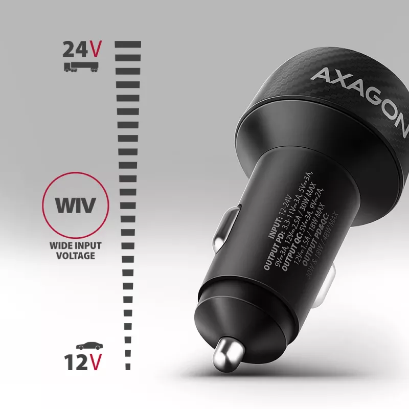 Auto nabíjačka AXAGON PWC-PQ48, 48 W, USB-C (PD3.0) + USB-A (QC4+), vstup 12–24 V, čierna
