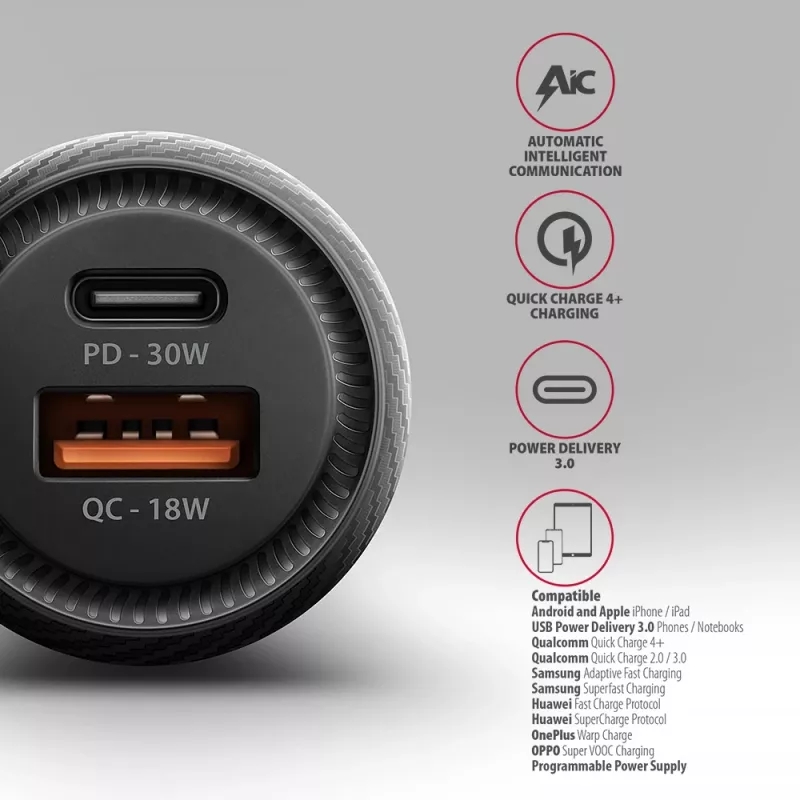 Auto nabíjačka AXAGON PWC-PQ48, 48 W, USB-C (PD3.0) + USB-A (QC4+), vstup 12–24 V, čierna