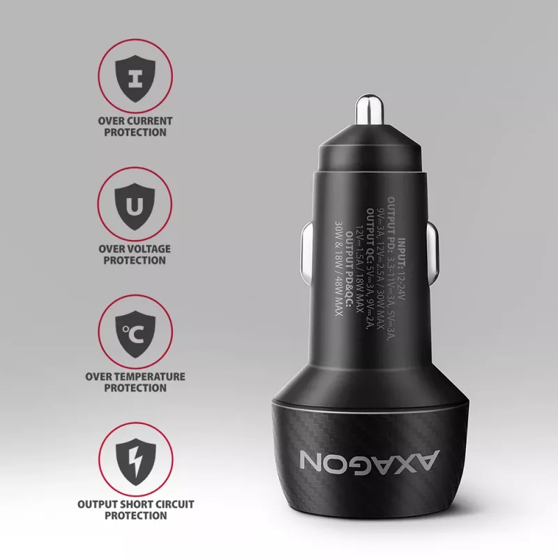 Auto nabíjačka AXAGON PWC-PQ48, 48 W, USB-C (PD3.0) + USB-A (QC4+), vstup 12–24 V, čierna