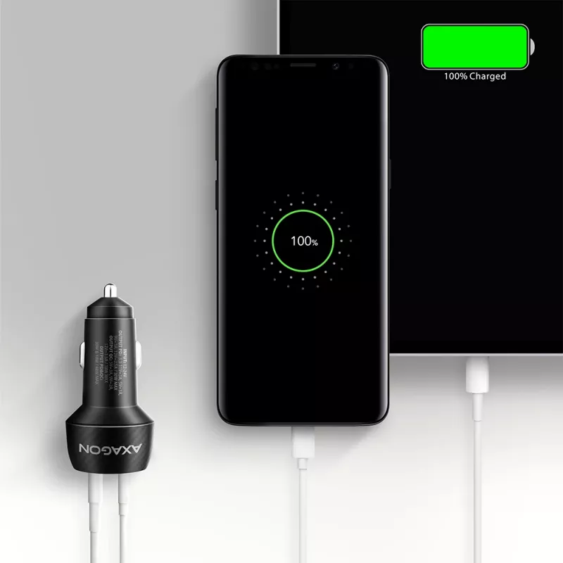Auto nabíjačka AXAGON PWC-PQ48, 48 W, USB-C (PD3.0) + USB-A (QC4+), vstup 12–24 V, čierna