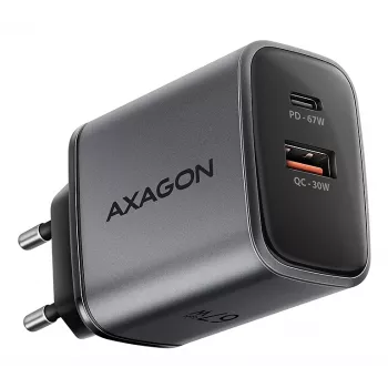 Napájací zdroj AXAGON ACU-PQ67, 67W, PD3.0 + QC4+, 1x USB-C + 1x USB-A, 100–240V, sivá/čierna
