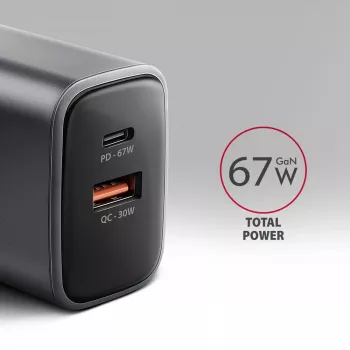 Napájací zdroj AXAGON ACU-PQ67, 67W, PD3.0 + QC4+, 1x USB-C + 1x USB-A, 100–240V, sivá/čierna