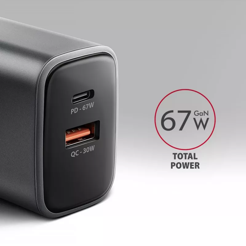 Napájací zdroj AXAGON ACU-PQ67, 67W, PD3.0 + QC4+, 1x USB-C + 1x USB-A, 100–240V, sivý/čierny