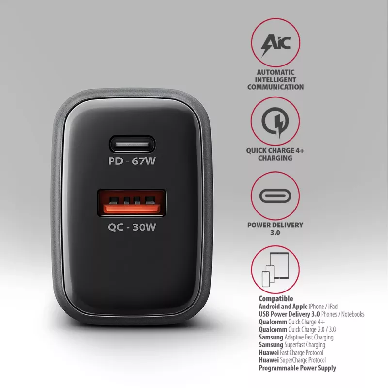 Napájací zdroj AXAGON ACU-PQ67, 67W, PD3.0 + QC4+, 1x USB-C + 1x USB-A, 100–240V, sivý/čierny