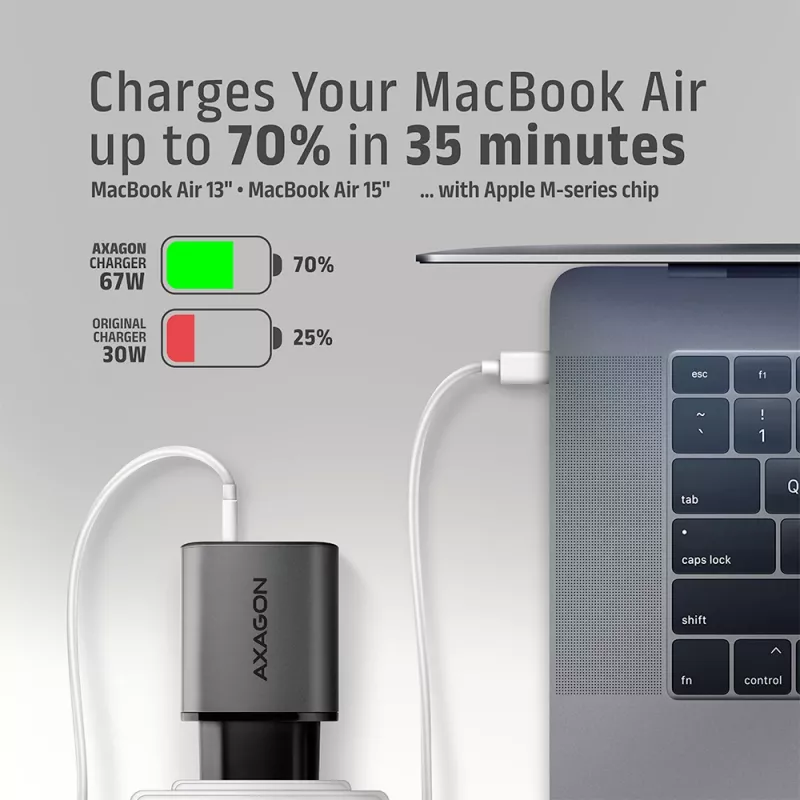 Napájací zdroj AXAGON ACU-PQ67, 67W, PD3.0 + QC4+, 1x USB-C + 1x USB-A, 100–240V, sivý/čierny