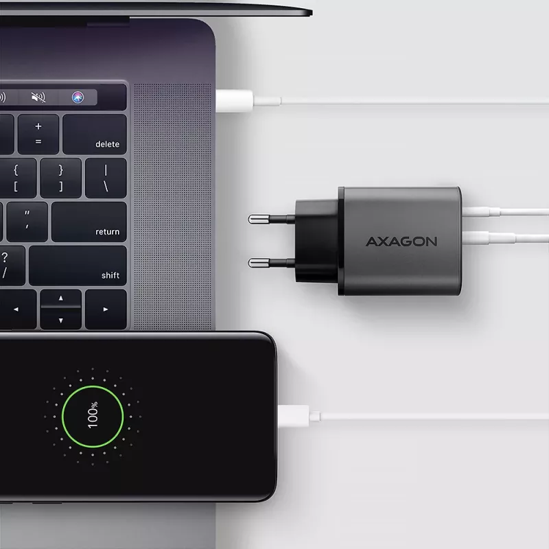 Napájací zdroj AXAGON ACU-PQ67, 67W, PD3.0 + QC4+, 1x USB-C + 1x USB-A, 100–240V, sivý/čierny