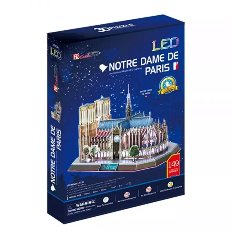 3D puzzle CubicFun Notre Dame (svetlo) — model DA-20509, ľahká osvetlená verzia