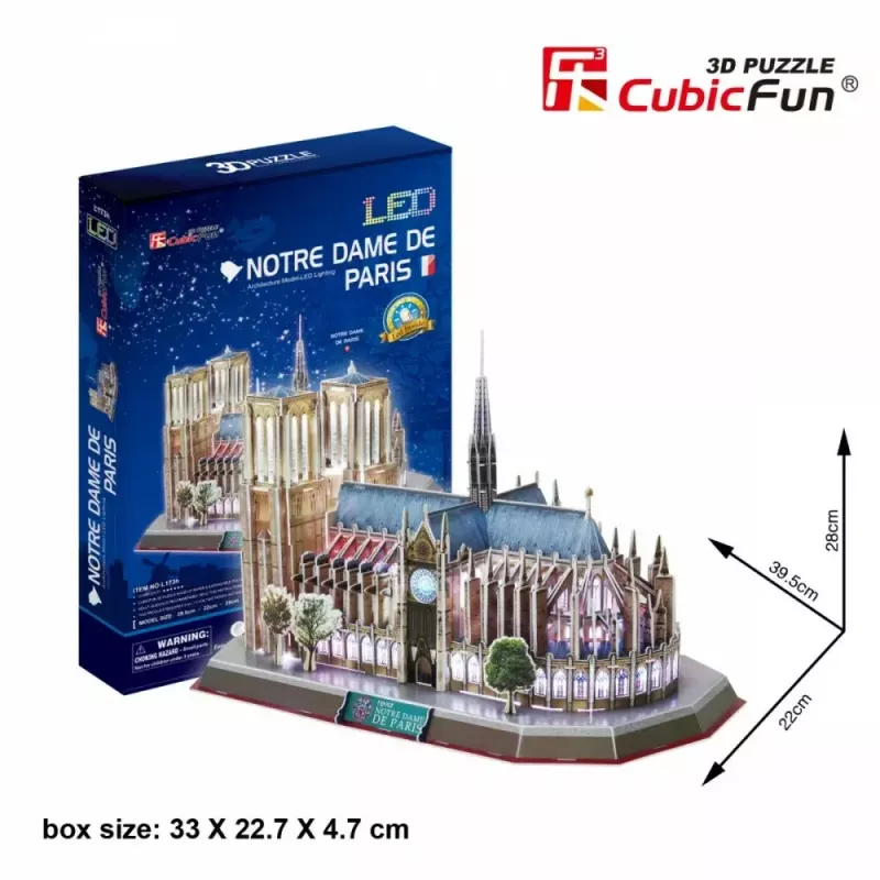 3D puzzle CubicFun Notre Dame (svetlo) — model DA-20509, ľahká osvetlená verzia