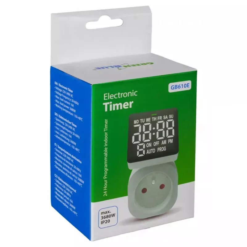Digitálne časové relé GreenBlue GB610E, max. zaťaženie 16A, IP20, programovateľné cykly zapnutia/vypnutia