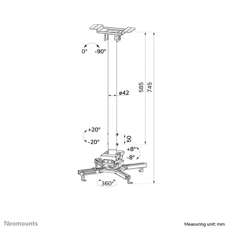Neomounts CL25-550WH1 stropný držiak na projektor – H 74,5-114,5 cm – Easy-Install – plne pohyblivý