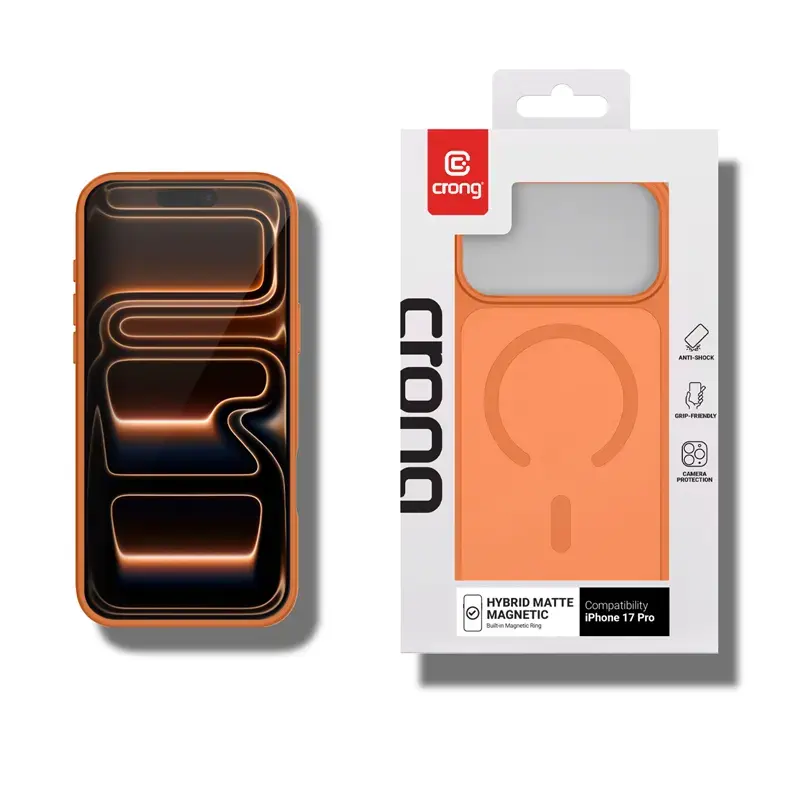 Crong Hybrid Matte Magnetic MagSafe puzdro pre iPhone 17 Pro — PC+TPU, priesvitná oranžová