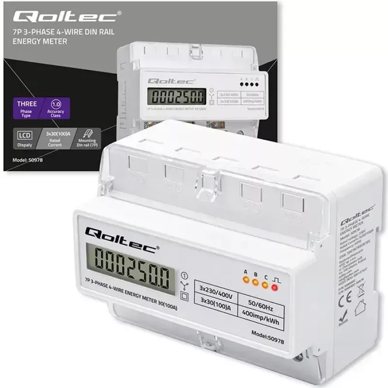 Trojfázový elektromer na DIN lištu QOLTEC 50978 — 400 V, 100 A