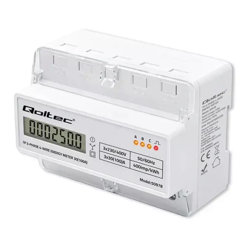 Trojfázový elektromer na DIN lištu QOLTEC 50978 — 400 V, 100 A