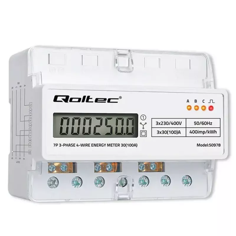 Trojfázový elektromer na DIN lištu QOLTEC 50978 — 400 V, 100 A