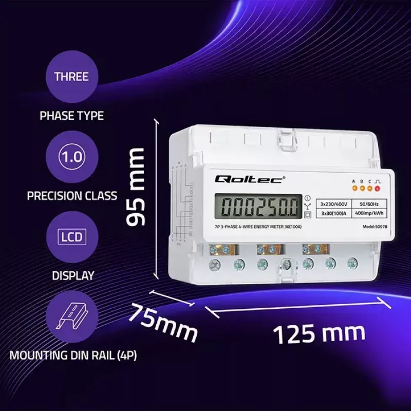 Trojfázový elektromer na DIN lištu QOLTEC 50978 — 400 V, 100 A