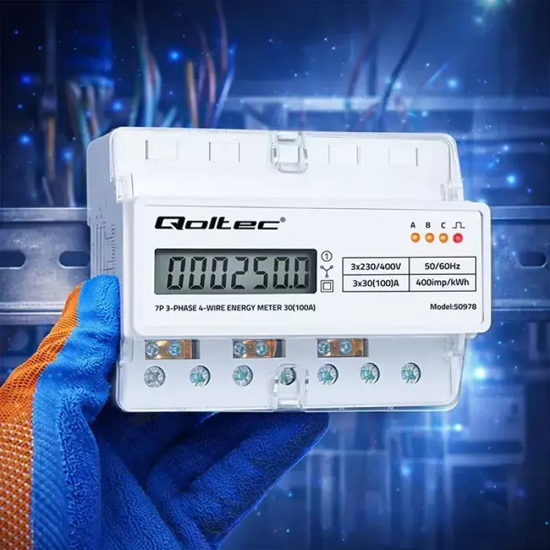 Trojfázový elektromer na DIN lištu QOLTEC 50978 — 400 V, 100 A