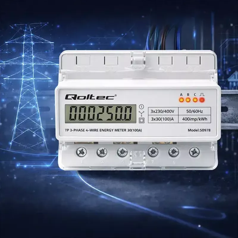 Trojfázový elektromer na DIN lištu QOLTEC 50978 — 400 V, 100 A