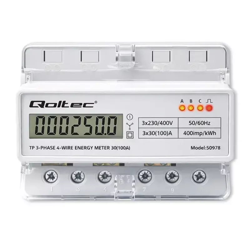 Trojfázový elektromer na DIN lištu QOLTEC 50978 — 400 V, 100 A