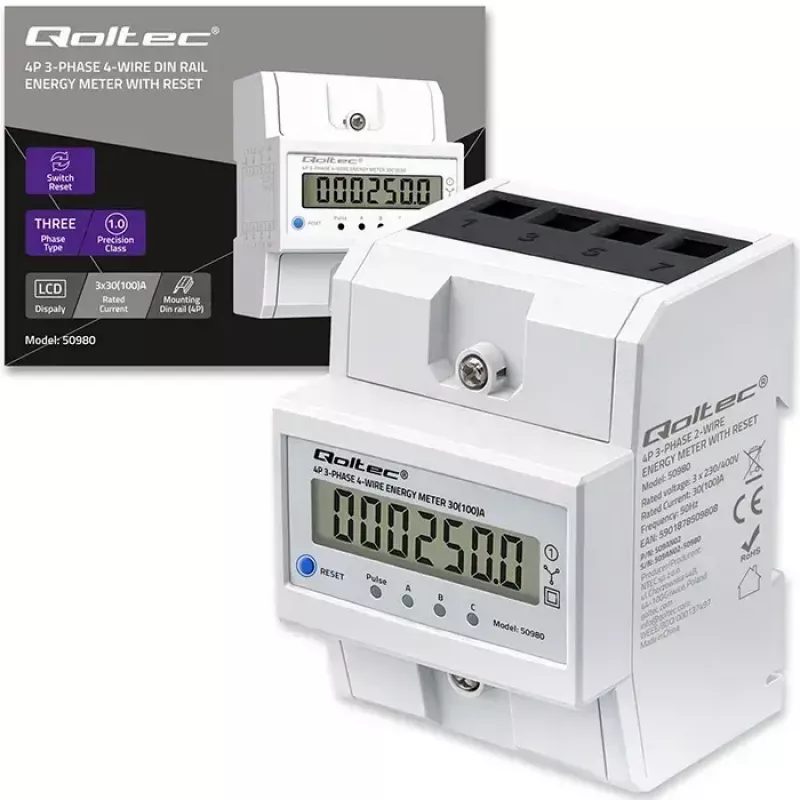 Trojfázový merač QOLTEC 50980 — 400 V, 100 A s resetom