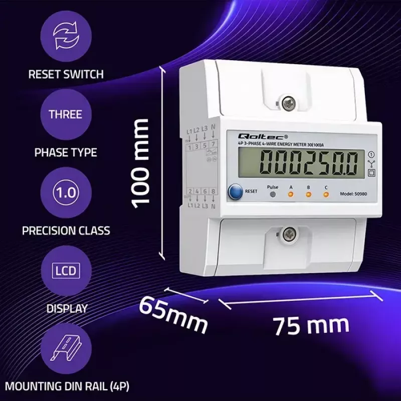 Trojfázový merač QOLTEC 50980 — 400 V, 100 A s resetom