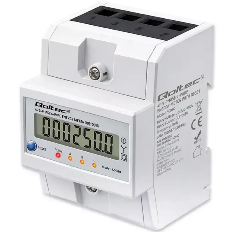 Trojfázový merač QOLTEC 50980 — 400 V, 100 A s resetom