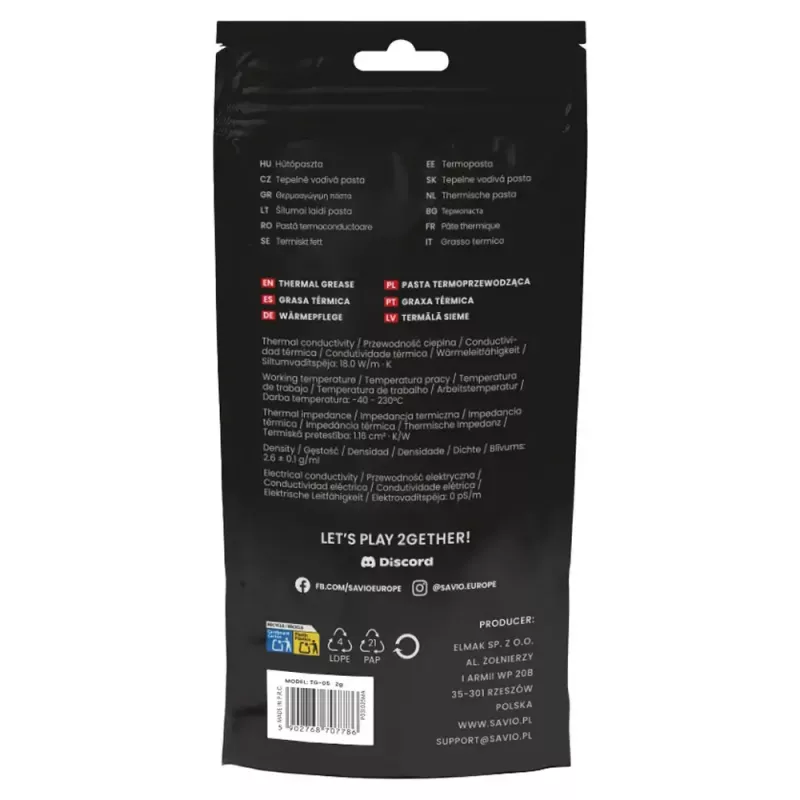 Teplovodivá pasta SAVIO TG-05 2g — tepelná vodivosť 18 W/m·K, 2 ml