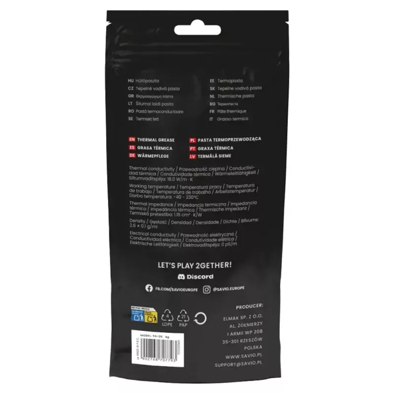 Teplovodivá pasta SAVIO TG-05 4g — tepelná vodivosť 18 W/m·K, viskozita 2,6 g/ml