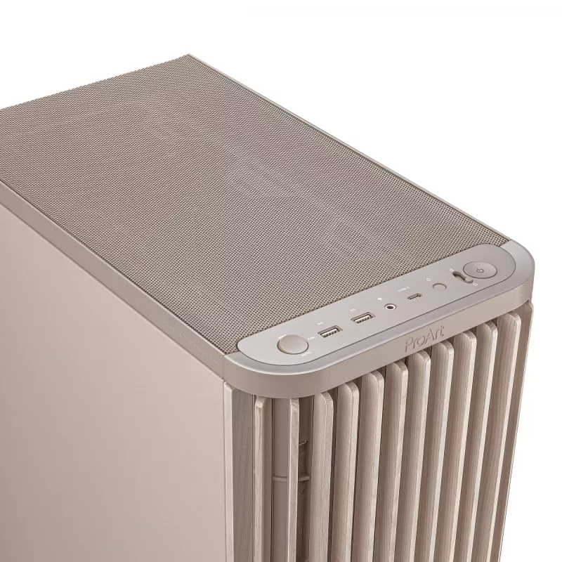 PC skriňa ASUS ProArt PA401 Wood Edition Béžová — Mid-Tower, predný panel z kovu
