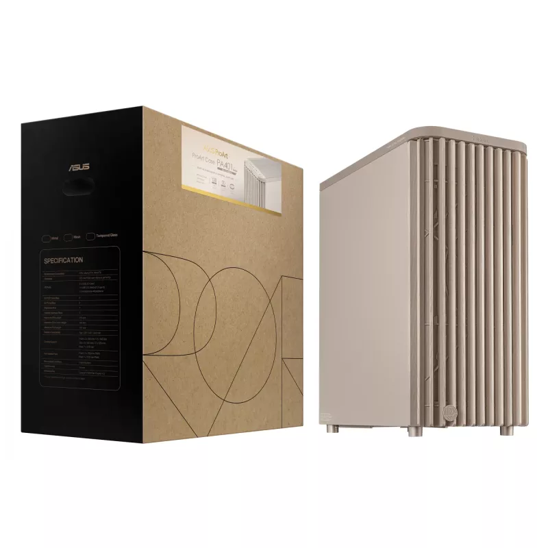 PC skriňa ASUS ProArt PA401 Wood Edition Béžová — Mid-Tower, predný panel z kovu