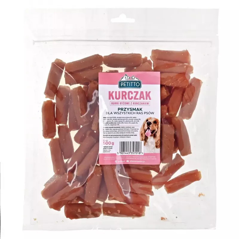 Psie maškrty PETITTO ryžové rúrky s kuracím mäsom 500 g