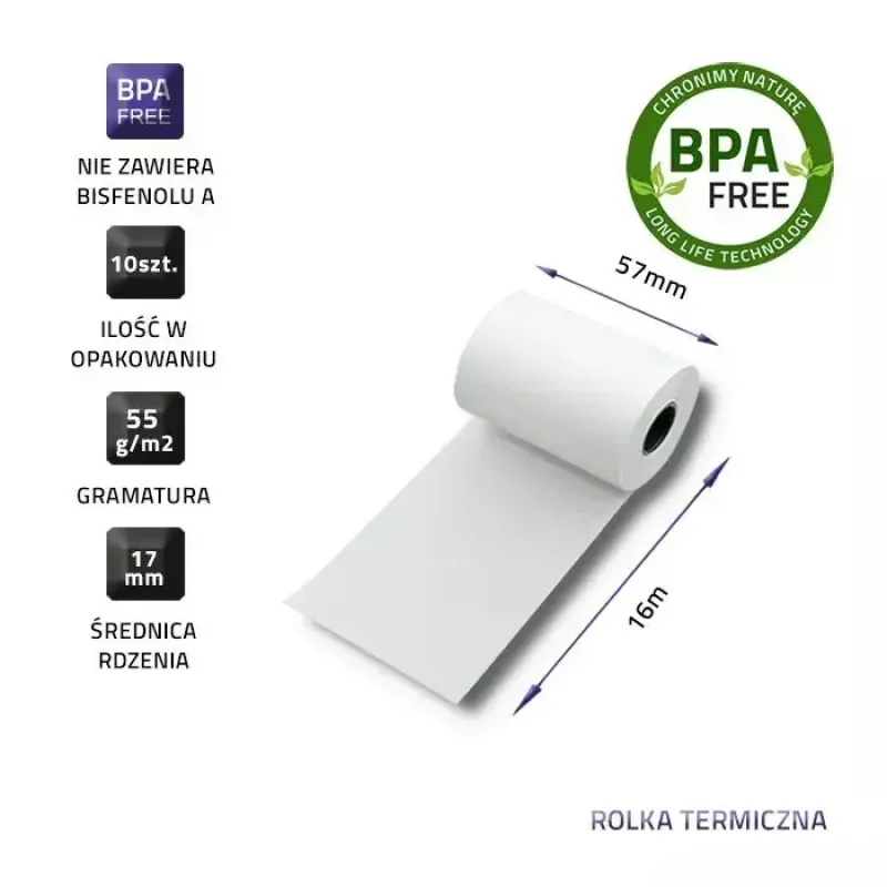 Termorolka QOLTEC 51899 — 57 mm x 16 m, 55 g/m², bez BPA