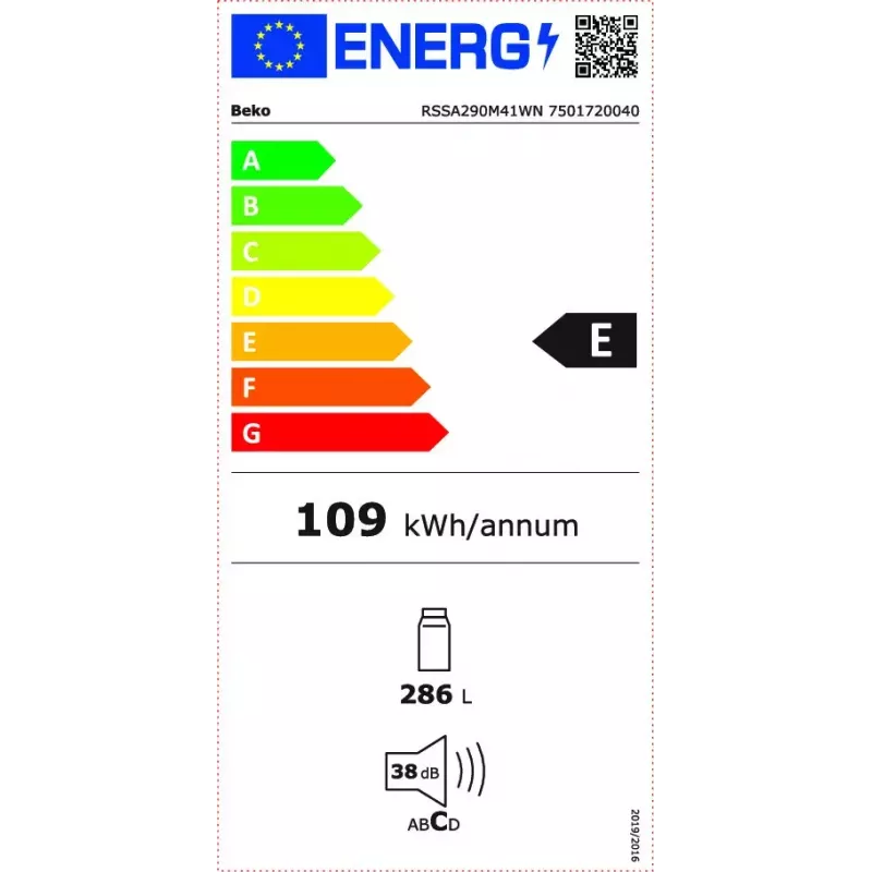 Voľne stojaca chladnička BEKO RSSA290M41WN — 286 L kapacita, energetická trieda E, 38 dB, biela