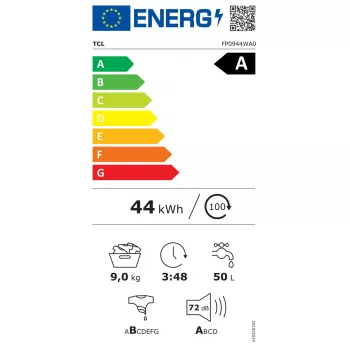 Práčka TCL FP0944WA0 — predné plnenie, 9 kg, 1400 ot/min, trieda A, LED displej, para, 60×56×85 cm, biela