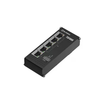Unmanaged Fast Ethernet PoE desktop switch Teltonika TSF000 — 5× 10/100 RJ-45, IEEE 802.3af/at, DC 7–57 V, čierna