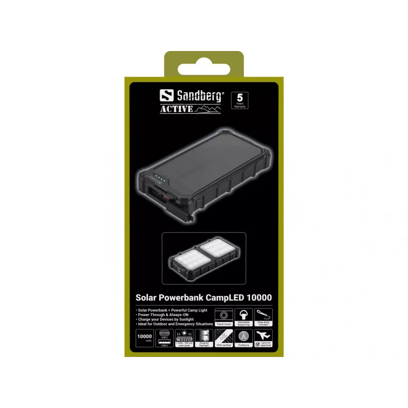 Sandberg solárna powerbank CampLED 10000, 10000 mAh, Programmable Power Supply (PPS), 3,7 V, 15 W, čierna