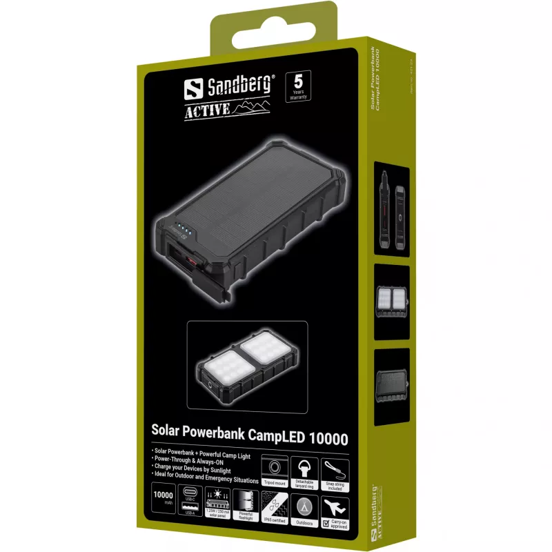 Sandberg solárna powerbank CampLED 10000, 10000 mAh, Programmable Power Supply (PPS), 3,7 V, 15 W, čierna
