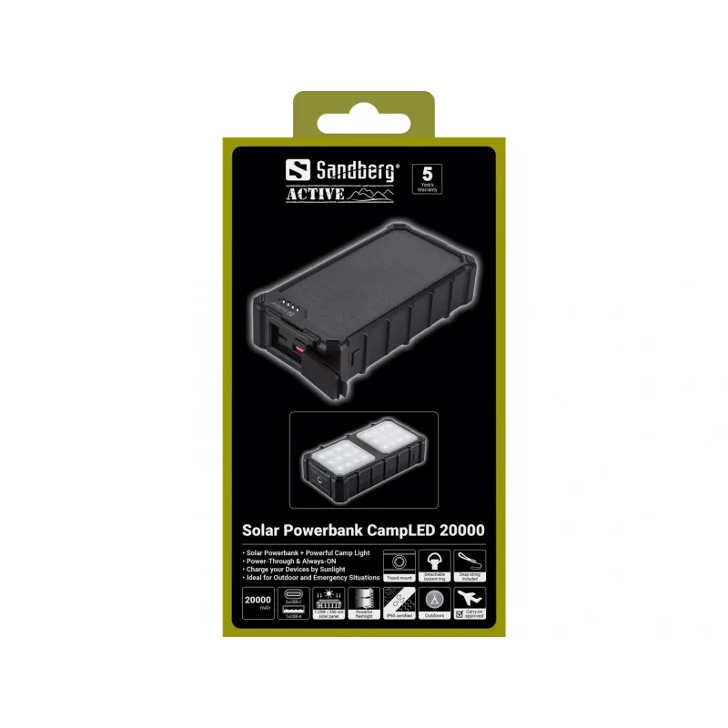 Sandberg solárna powerbank CampLED 20000, 20000 mAh, Programmable Power Supply (PPS), 3,7 V, 15 W, čierna