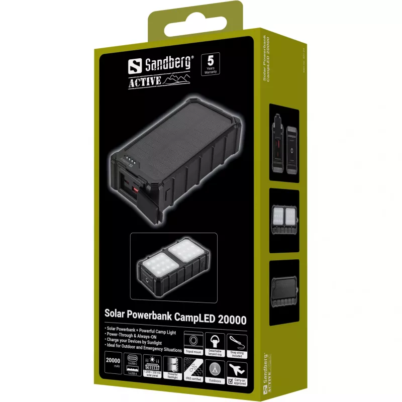 Sandberg solárna powerbank CampLED 20000, 20000 mAh, Programmable Power Supply (PPS), 3,7 V, 15 W, čierna