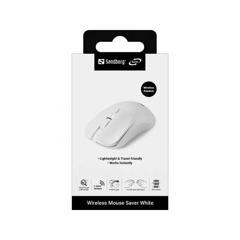 Sandberg bezdrôtová myš Saver biela, pre obe ruky, RF Wireless, 1600 DPI, biela
