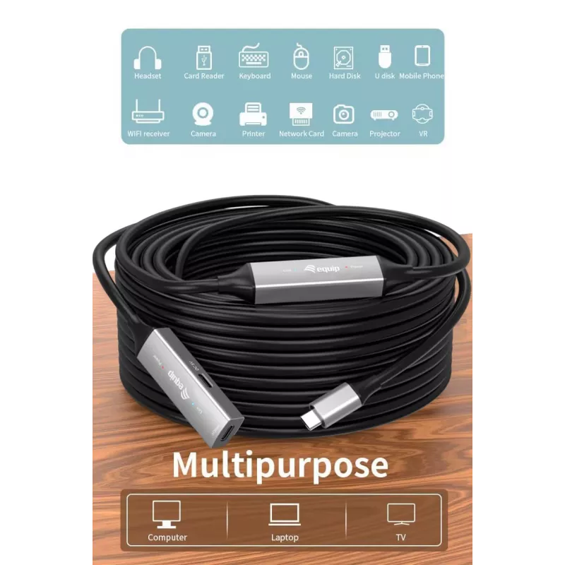 USB-C aktívny predlžovací kábel EQUIP 15 m, USB 3.2 Gen 1 (5 Gbit/s), niklované kontakty, čierny