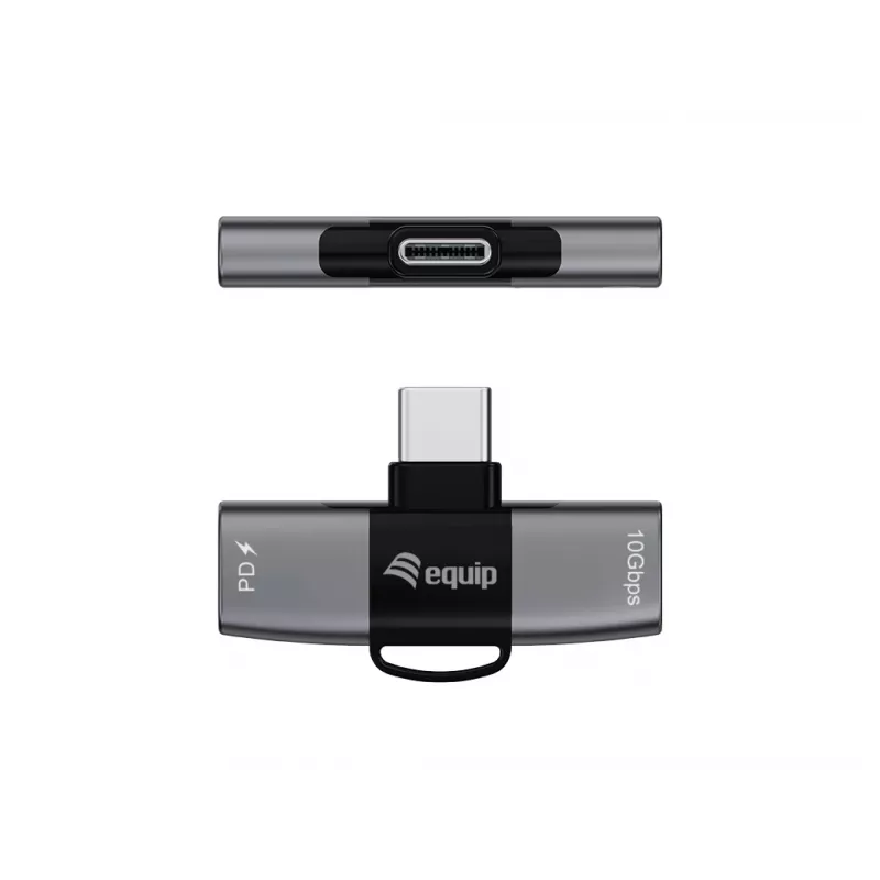 Adaptér USB-C OTG 2v1 EQUIP 133479 — 100W PD, 10Gbit/s, 1x USB-C na 2x USB-C, sivý