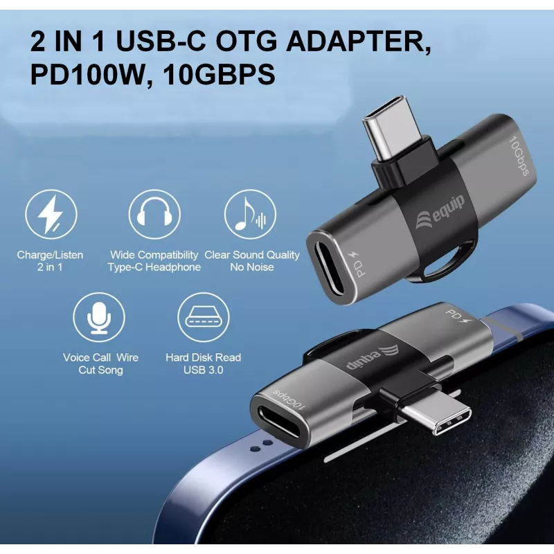 Adaptér USB-C OTG 2v1 EQUIP 133479 — 100W PD, 10Gbit/s, 1x USB-C na 2x USB-C, sivý