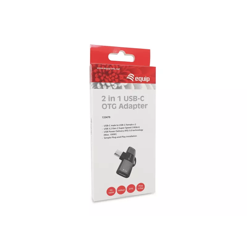Adaptér USB-C OTG 2v1 EQUIP 133479 — 100W PD, 10Gbit/s, 1x USB-C na 2x USB-C, sivý
