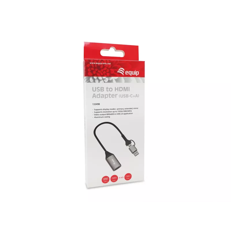 USB na HDMI adaptér EQUIP 133498 (USB-C a USB-A konektor na HDMI, 1080p, hliníkové puzdro, sivý)