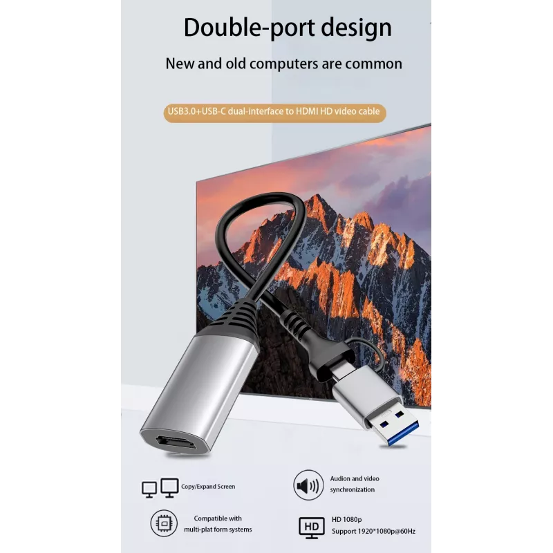 USB na HDMI adaptér EQUIP 133498 (USB-C a USB-A konektor na HDMI, 1080p, hliníkové puzdro, sivý)