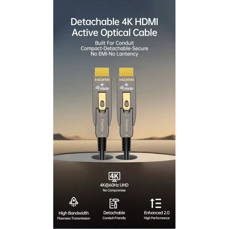 EQUIP HDMI 2.0 aktívny optický kábel 15 m — odnímateľný typ A/D, 4K@60 Hz, 18 Gbit/s, pozlátené kontakty