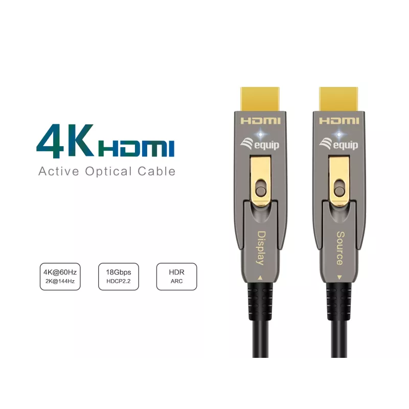 EQUIP HDMI 2.1 aktívny optický kábel 10 m – odnímateľný Type-D (Micro) + Type-A, 48 Gbit/s, 8K/60 Hz